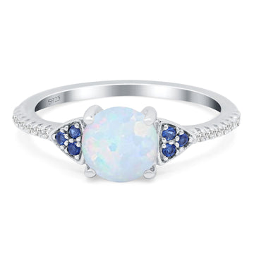 Art Deco Wedding Ring Simulated Blue Sapphire CZ Round Lab Created White Opal 925 Sterling Silver